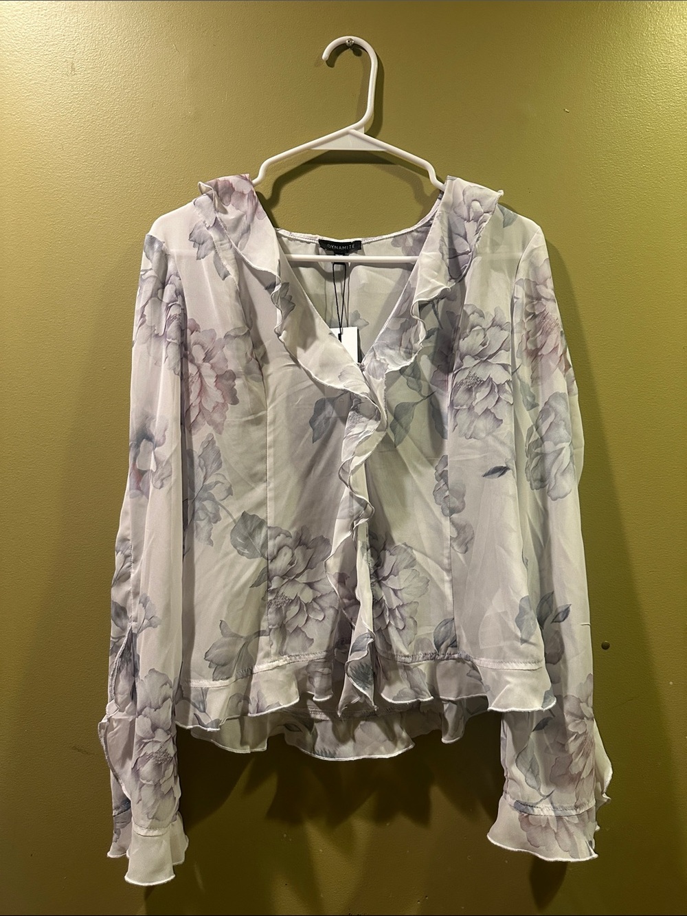 Dynamite Sheer White Blouse with Lavender Floral Ruffles